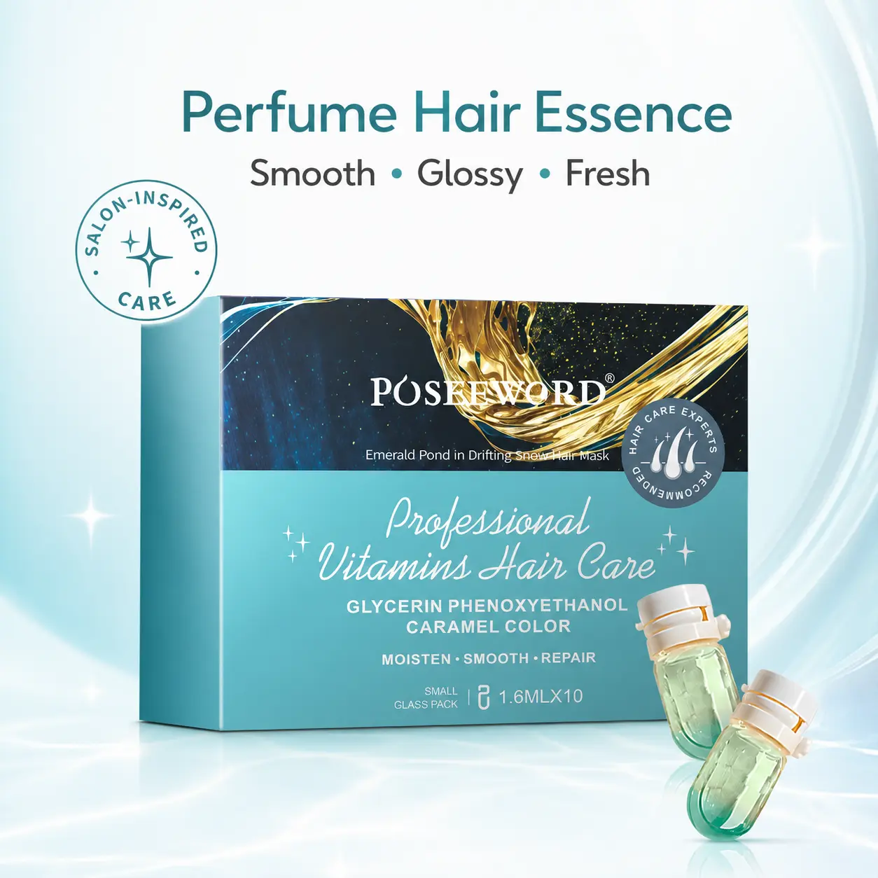 POSEEWORD Hair Perfume Essence Ampoules, Lightweight Hair Serum for Smooth Glossy Hair, Fresh Scent & Moisturizing Shine Care, Professional Daily Hair Care, 1.6 mL x 10