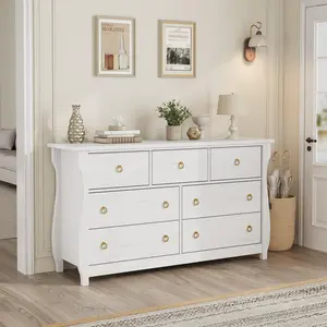 Modern Storage Solution Dresser – 6-7 Drawer Wood Chest with Black Ring Pull Handles, 47-54-Inch Wide Freestanding Cabinet for Bedroom, Living Room, or Entryway – White or Natural Oak