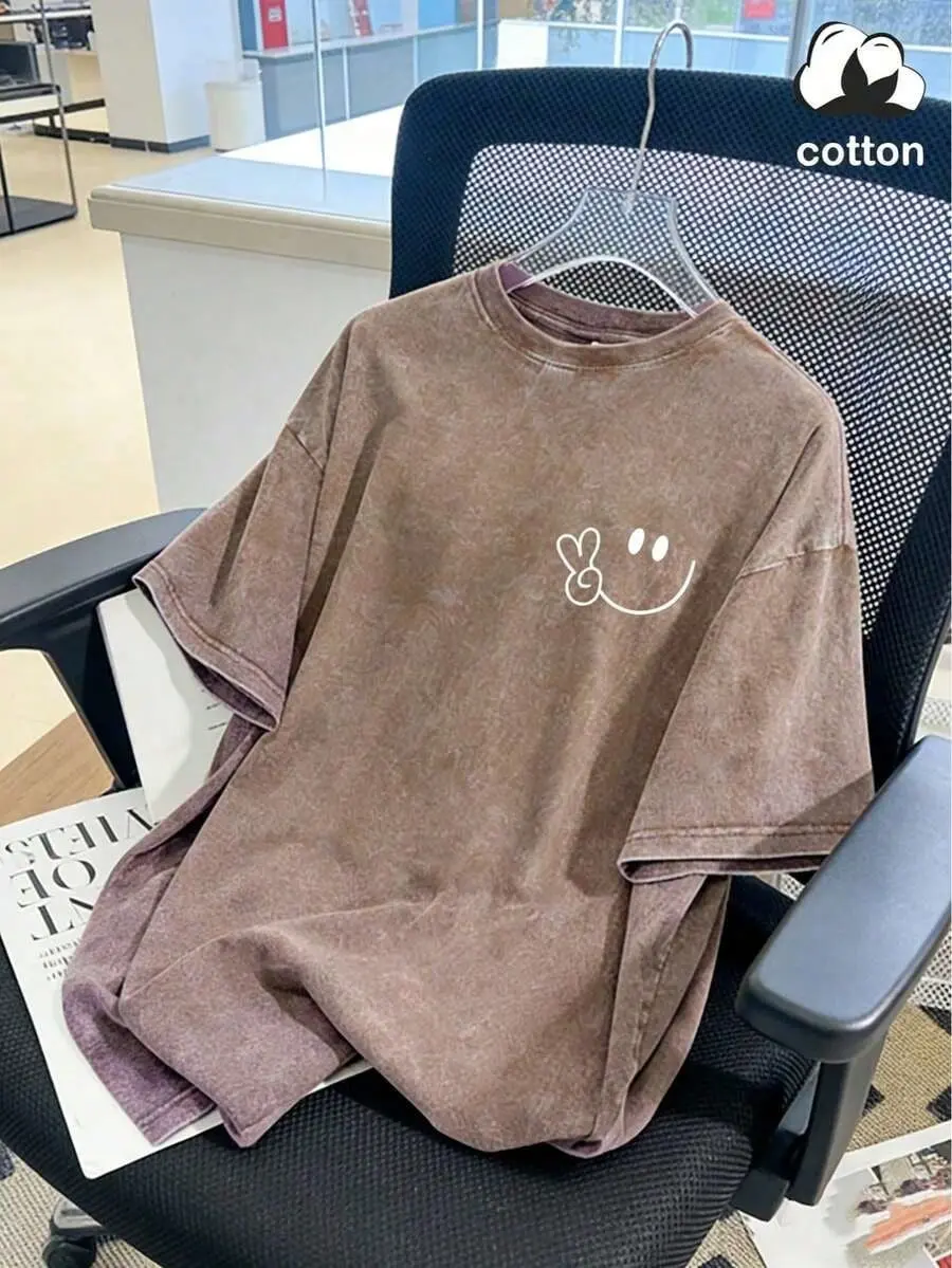 Vintage Washed Brown Peace Sign Smile Face Minimalist T-Shirt, Oversized Cotton Short Sleeve Tee, Retro Vibe Casual Crewneck Shirt