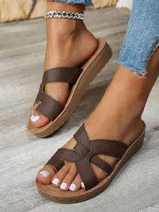 Women's Fashionable Plain Color Platform Sandals, Leather Sandals, PU Leather Sandals, Sandals Slippers,   Casual Comfortable Platform Sandals for Summer, Lightweight Non-slip Sandals for Beach Vacation