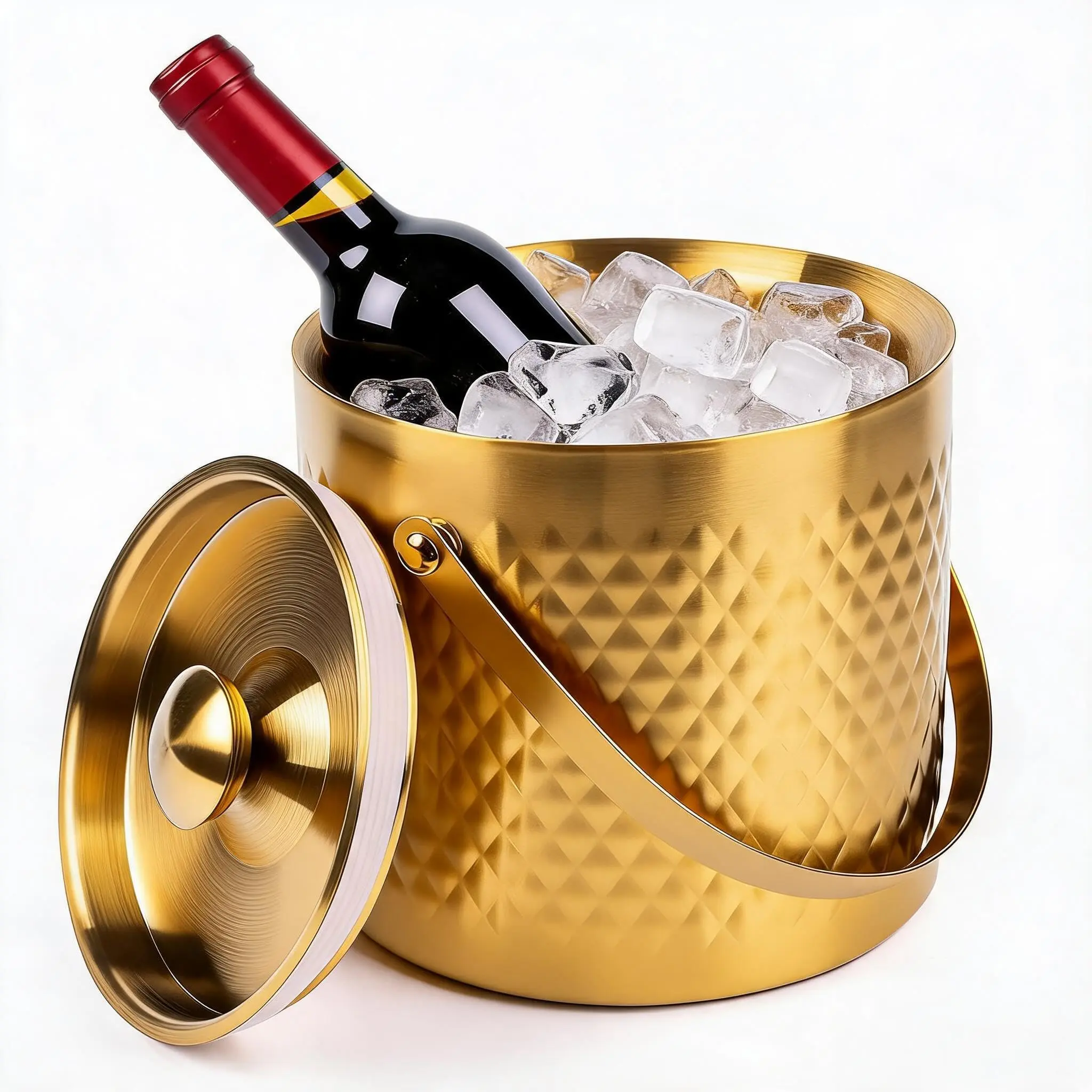 3L Gold Stainless Steel Ice Bucket with Lid, Double-Wall Insulated Wine & Champagne Chiller, Diamond Pattern Metal Ice Pail with Handle for Bar, Party, Wedding, Patio, Home Decor