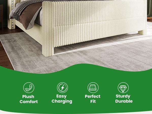 【Ships in 1 or 2 Packages】Wingback Bed Frame with Reading Lights, Corduroy Upholstered Headboard with USB Ports, Noise-Free Platform Bed Frame 1200 lbs Heavy Duty, Aesthetic Bedroom Decor Must Have Gift for Teen Girls Women,Summervibes