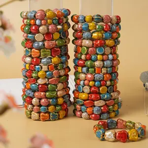 8/16pcs Retro Ethnic Style Colorful Ceramic Bead Elastic Bracelet Set, Suitable for Women Men Daily Wear Holiday Gifts Party Jewelry