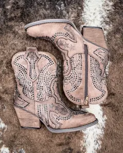Women's Very G Parade Bling Decor Suede Ankle Bootie, Taupe Color, Chunky Heel Shoe
