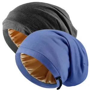 Silk Satin Bonnet Hair Wrap for Sleeping, 2 Pcs Adjustable Silk Bonnets for Women Men Sleep Cap Silk Lined Slouchy with Adjustable Strap Curly Hair Head Scarf Night Caps