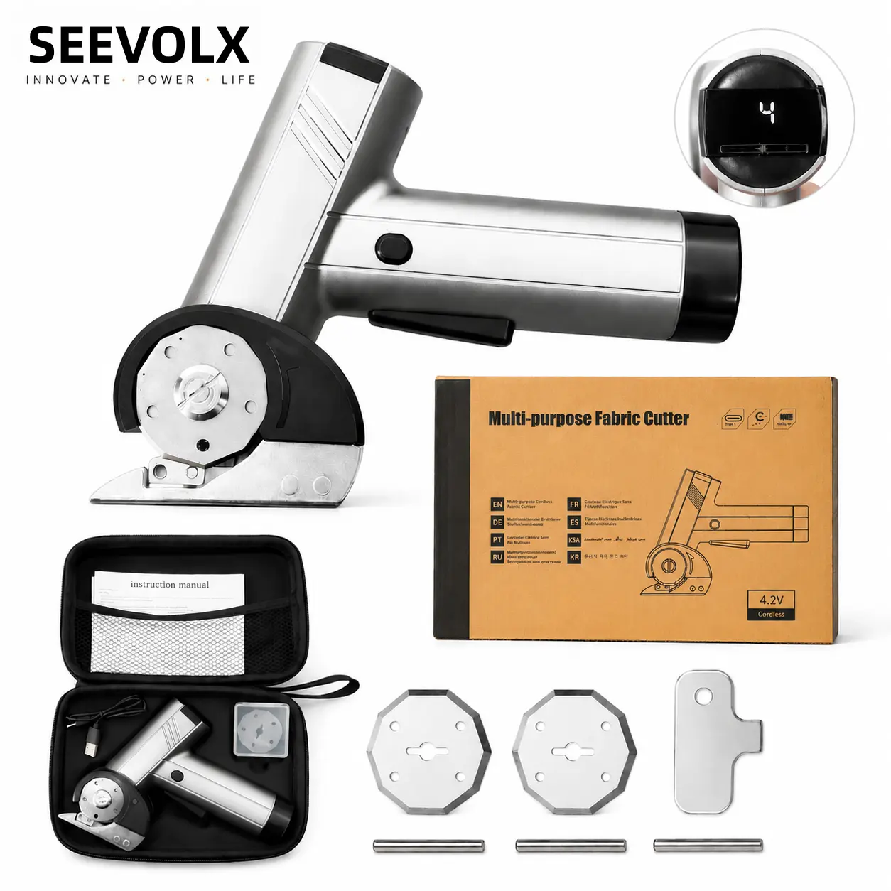 【SummerGift】SEEVOLX Cordless Electric Fabric Cutter with Sharp Rotary Blade, LED Light, LED Display Screen, Storage Box, Rechargeable Handheld Scissors for Fabric, Carpet, DIY Projects, Power Tool for Crafters, Women, Plastic