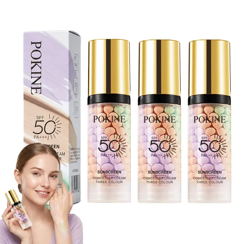 3 Bottles 3-in-1 Color Correcting Facial Serum, Moisturizing Primer, SPF 50 PA+++, Brightening Primer for Even Skin Tone, Oil Control & Refreshing, Purple, Pink & Green Tones