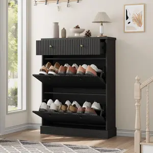 Garvee Shoe Cabinet with 2 Flip Drawers & 1 Top Drawer, Large Fluted Storage Cabinet with Adjustable and Removable Shelves, Freestanding Narrow Shoe Organizer for Entryway, Hallway, Black