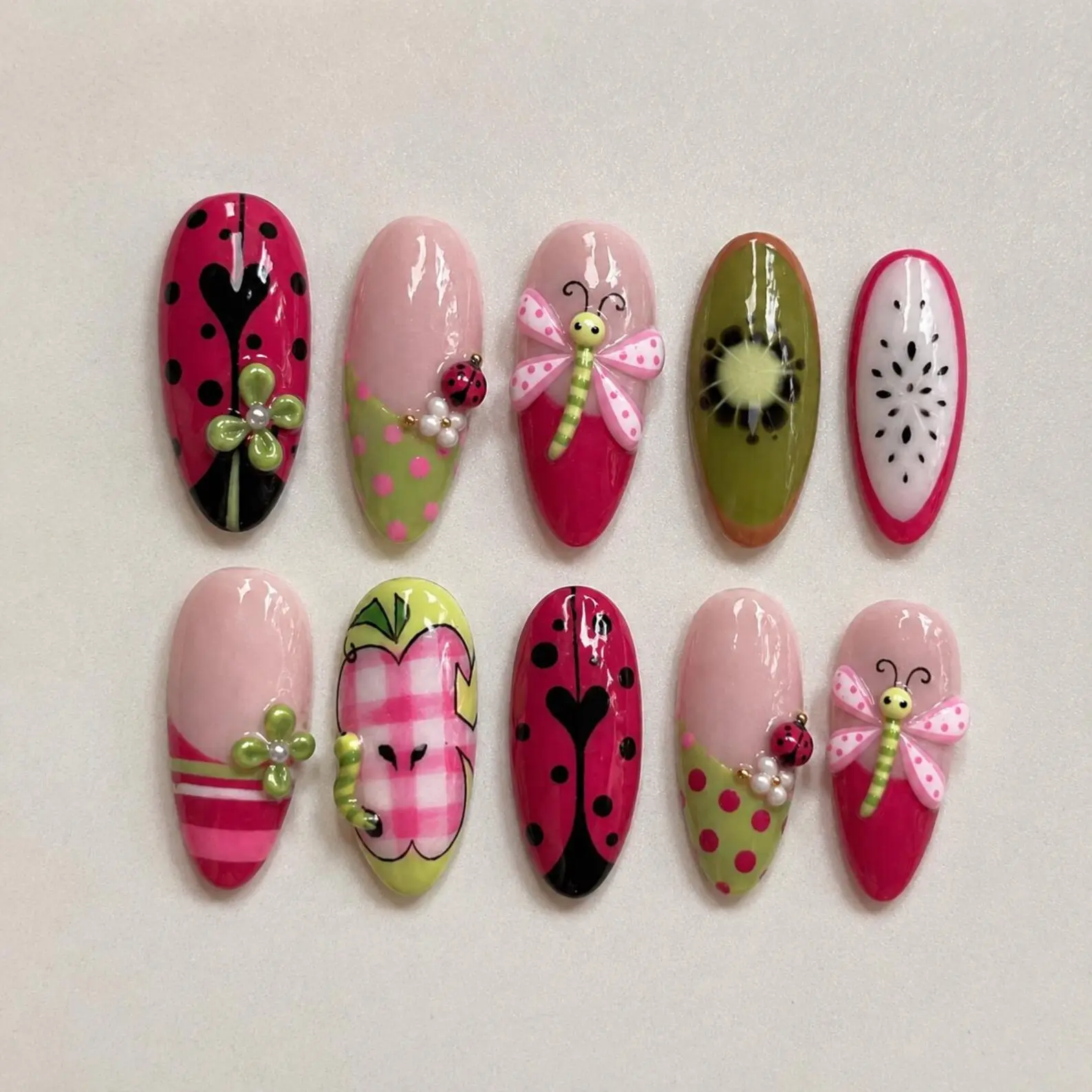 Ladybug Garden Press On Nails | Handmade 3D Dragonfly Apple Kiwi Fruit Nails | Cute Spring Summer Reusable Gel Nail Set