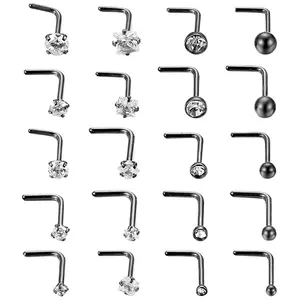 OIDEA 20PCS L-Shape Nose Stud Set, 20G 316L Stainless Steel, Cubic Zirconia Rhinestone Body Piercing Jewelry for Nose Piercings