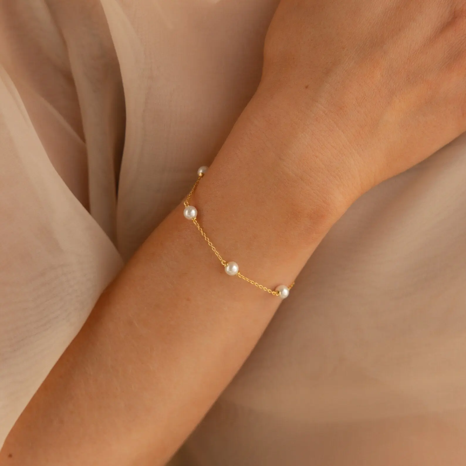 Pearl Station Bracelet by Caitlyn Minimalist - Dainty Round Pearl Charm Bracelet - Women's Jewelry - Gift for Mom