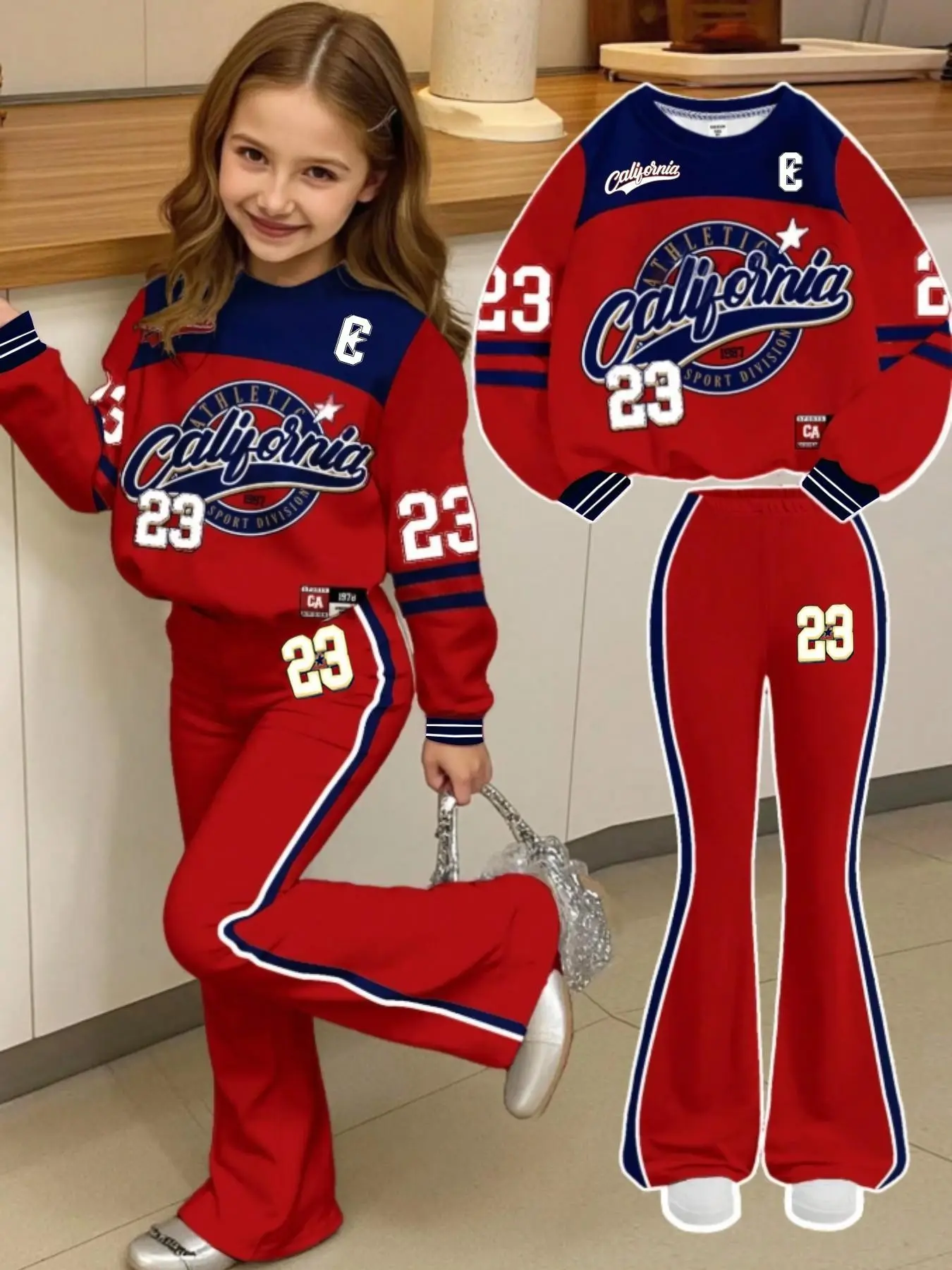 Girls' Sporty Athletic Appeal Round Neck Sweatshirt Combined Set, Outfit, 2-Piece Fitted with All-Over Print, Perfect for Fall & Winter, Casual Daily Wear, Graphic Print Set, Outfit Sets, Outfits Set, Clothes Sets