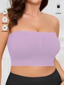 Women's Plus Size Strapless Backless Bralette, Soft Breathable No Padded Bra, Seamless Elastic One Shoulder Crop Top, Medium Support, Casual Wear, All Seasons, Womenswear, Fit, Underwear