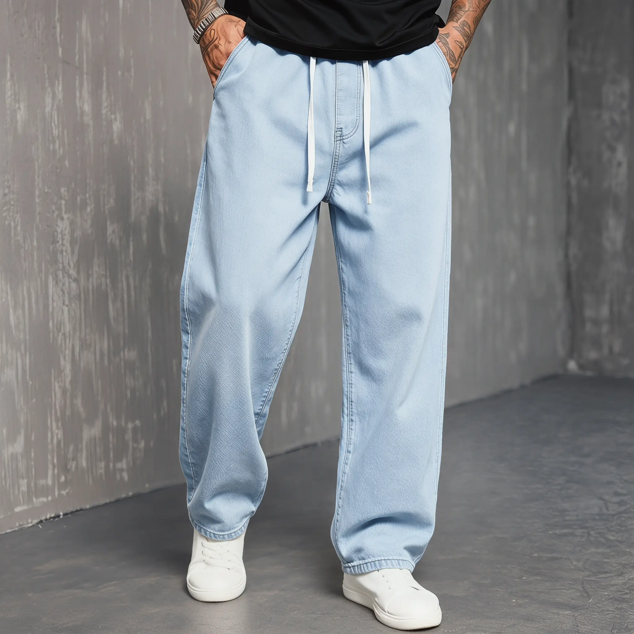 Men’s washed casual loose straight leg jeans with drawstring elastic waist