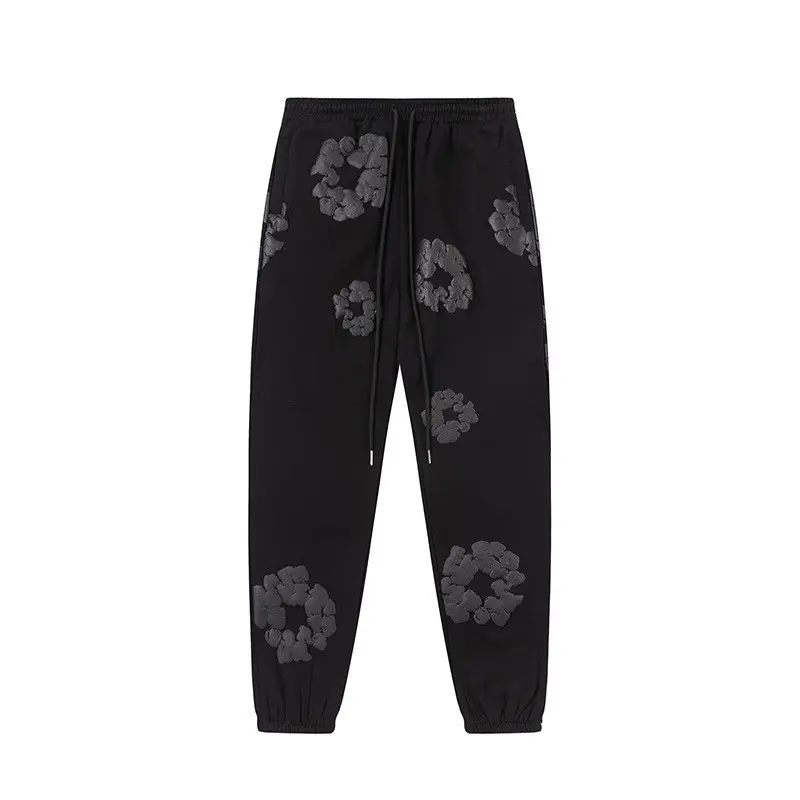 Men Dark Foam Floral Wreath Print Jogger Pants, Streetwear Cuffed Sweatpants