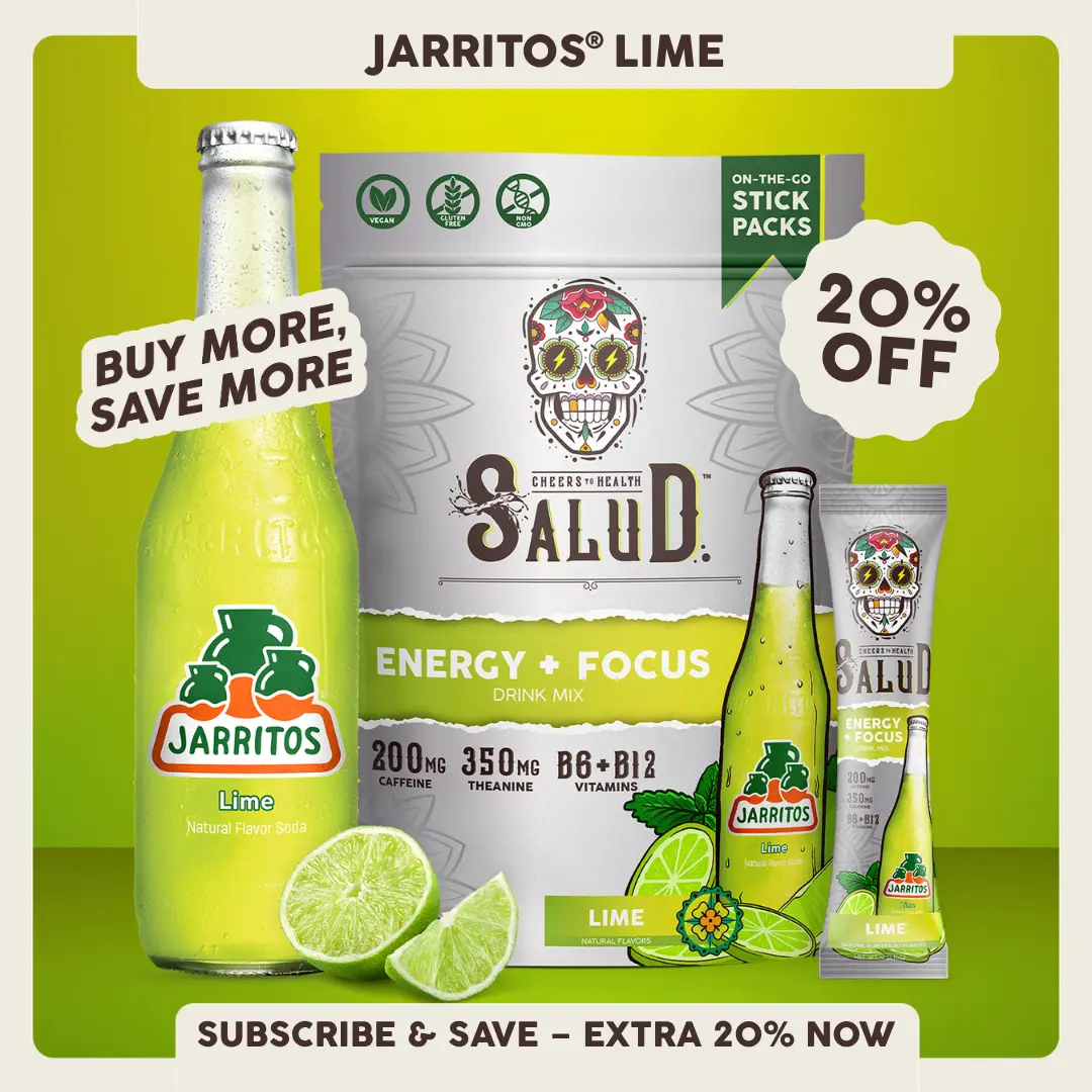 Salud x Jarritos 2-in-1 [Energy + Focus - Lime] Clean Energy Drink Mix, Agua Fresca, Organic Caffeine, B6 & B12, L-Theanine, Drink Packets, Non-GMO, Gluten Free, Vegan, Low Calorie, 1g Sugar (15 Servings)