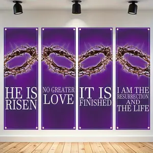 Easter Theme Backdrop Banner, 4 Counts/set Easter Church Banner, Wall Decor for Church Sanctuary Walls, Celebrations, Gifts, and Home Wall Decorations, Ornaments
