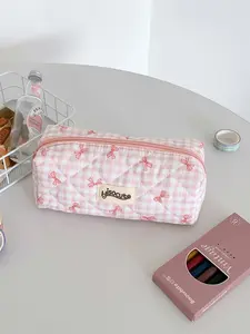 High-End Cream Color Plaid Makeup Bag, Korean Style Butterfly Knot Portable Stationery Organizer, Student Eraser Pen Case