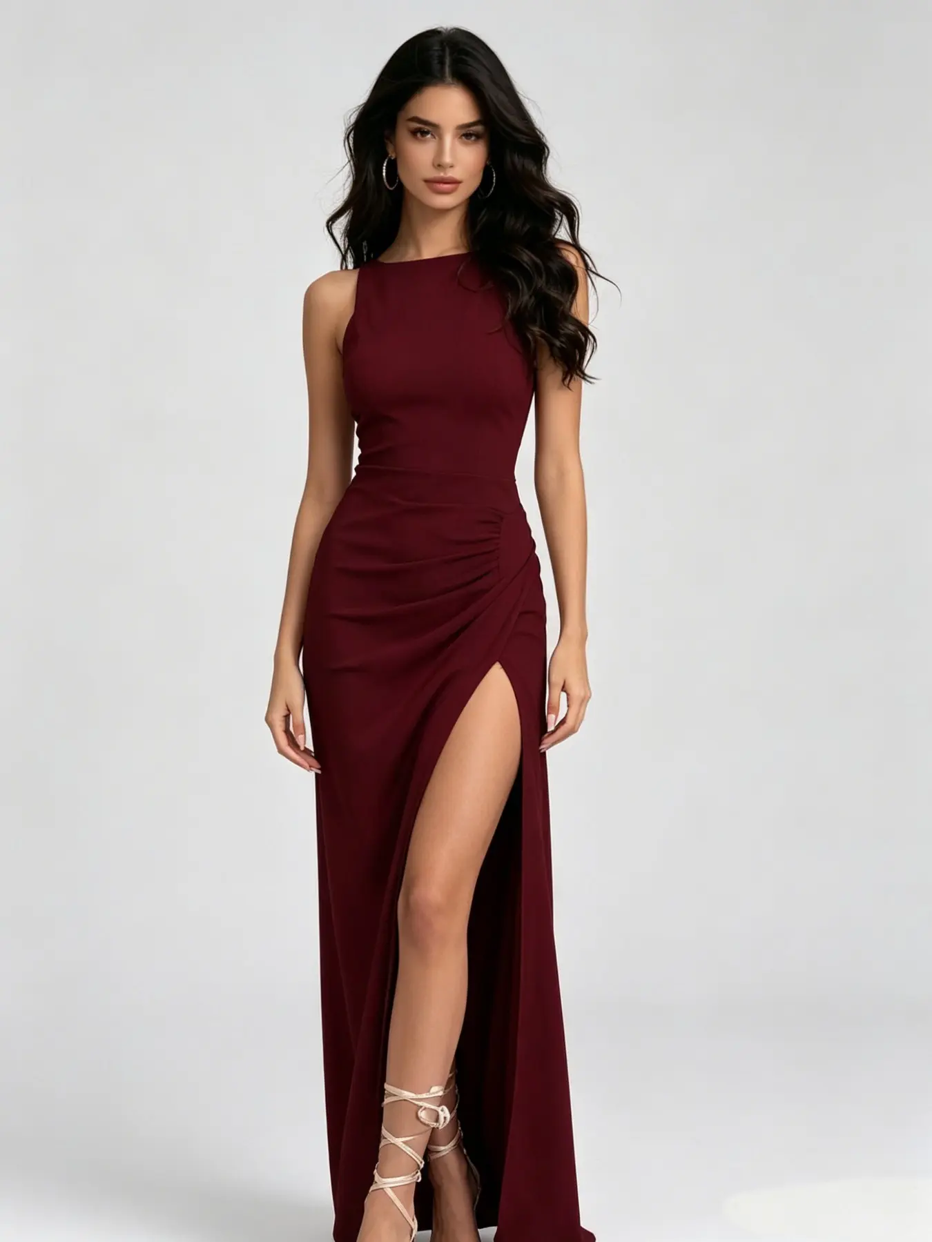 Burgundy Formal Woven Sleeveless Dress, Classic Elegant Chic Style, Waist Ruched Detail, Flowy Skirt, Ideal for Bridesmaid and Cocktail Party, Summer
