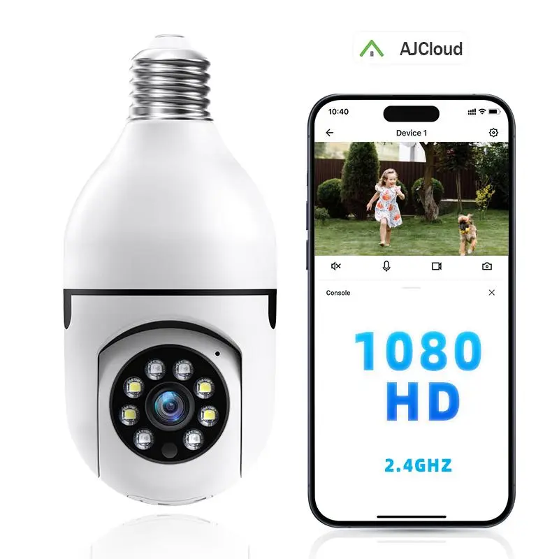 1080p HD 2.4Ghz WiFi Wireless Security Camera with Infrared Night Vision, 355° Pan/Tilt, 2-Way Audio, Human Detection, Outdoor PanTilt, E27 Light Socket, AJCloud App