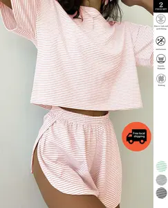 Two-piece set Simple Four Seasons Spring and Summer Contrast Stripes Casual Loose Knit Short Sleeves Tops Side Slits Shorts Home Clothes Set Suitable for Home Use Silk Satin Lace Pajama Set pajamas Striped Beach organic fabric