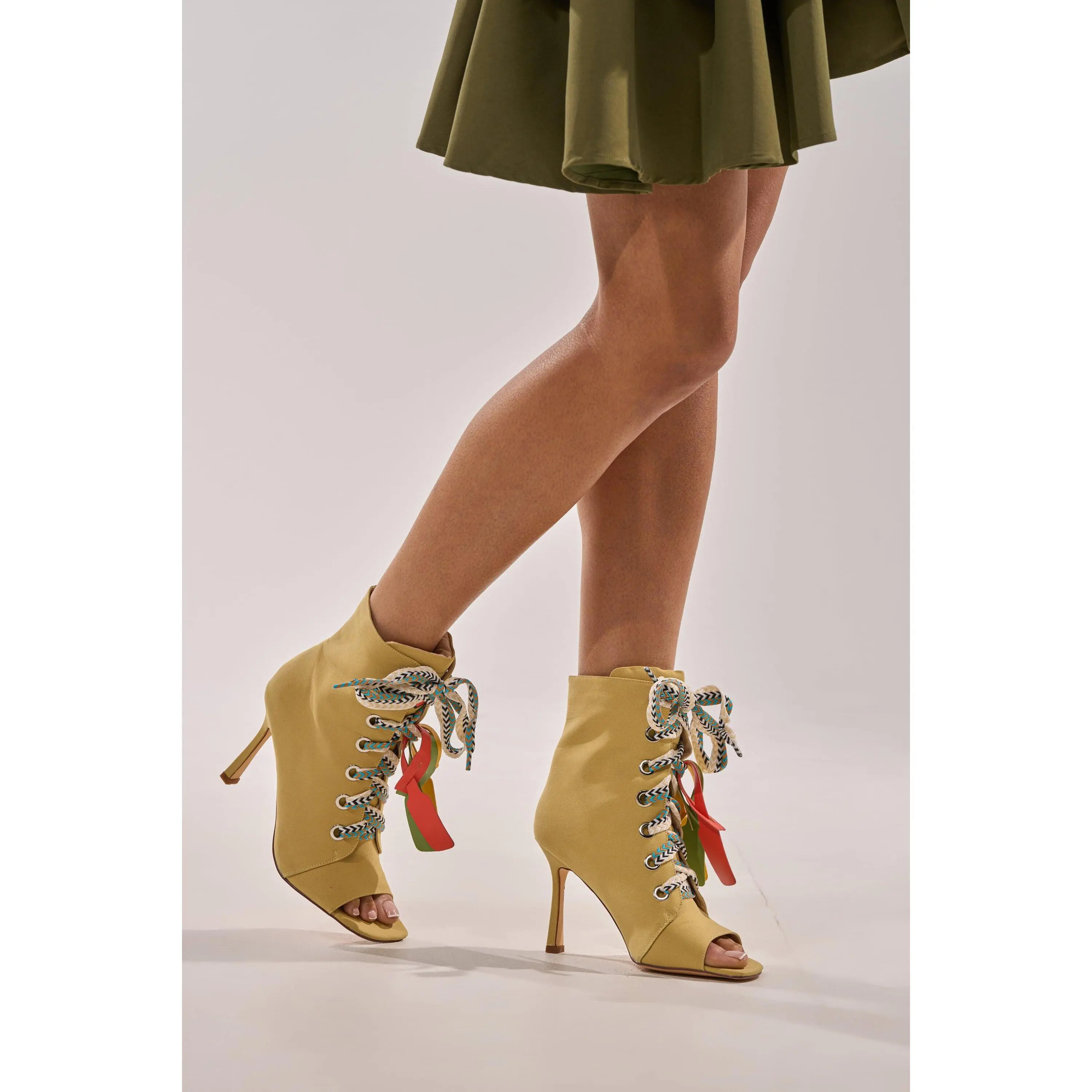 AZALEA WANG ROVEA KHAKI LACE UP STILETTO BOOTIE