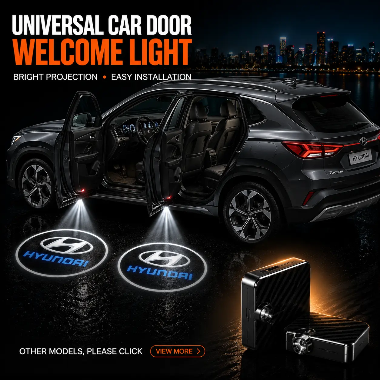 2-Pack Hyundai Logo Wireless LED Car Door Projector Lights, High Definition Welcome Sensor Ambient Lamps, Magnetic No-Drill Easy-Install Puddle Lights for Tucson Elantra Santa Fe Palisade Kona Sonata Sedan SUV Interior Mod Accessories, Car Ambient Light