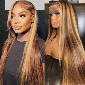 Lemoda 13x4 Full Lace Frontal Wig 200 Density Highlight Ombre Lace Front Wig Human Hair Straight Transparent Lace Pre Plucked Honey Blonde Human Hair Wigs for Women P4/27 Color