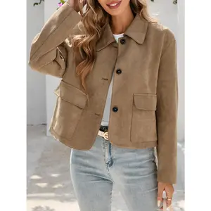 Imily Bela Womens Faux Suede Leather Jackets Casual Cropped Coats Vintage Button Down Shackets