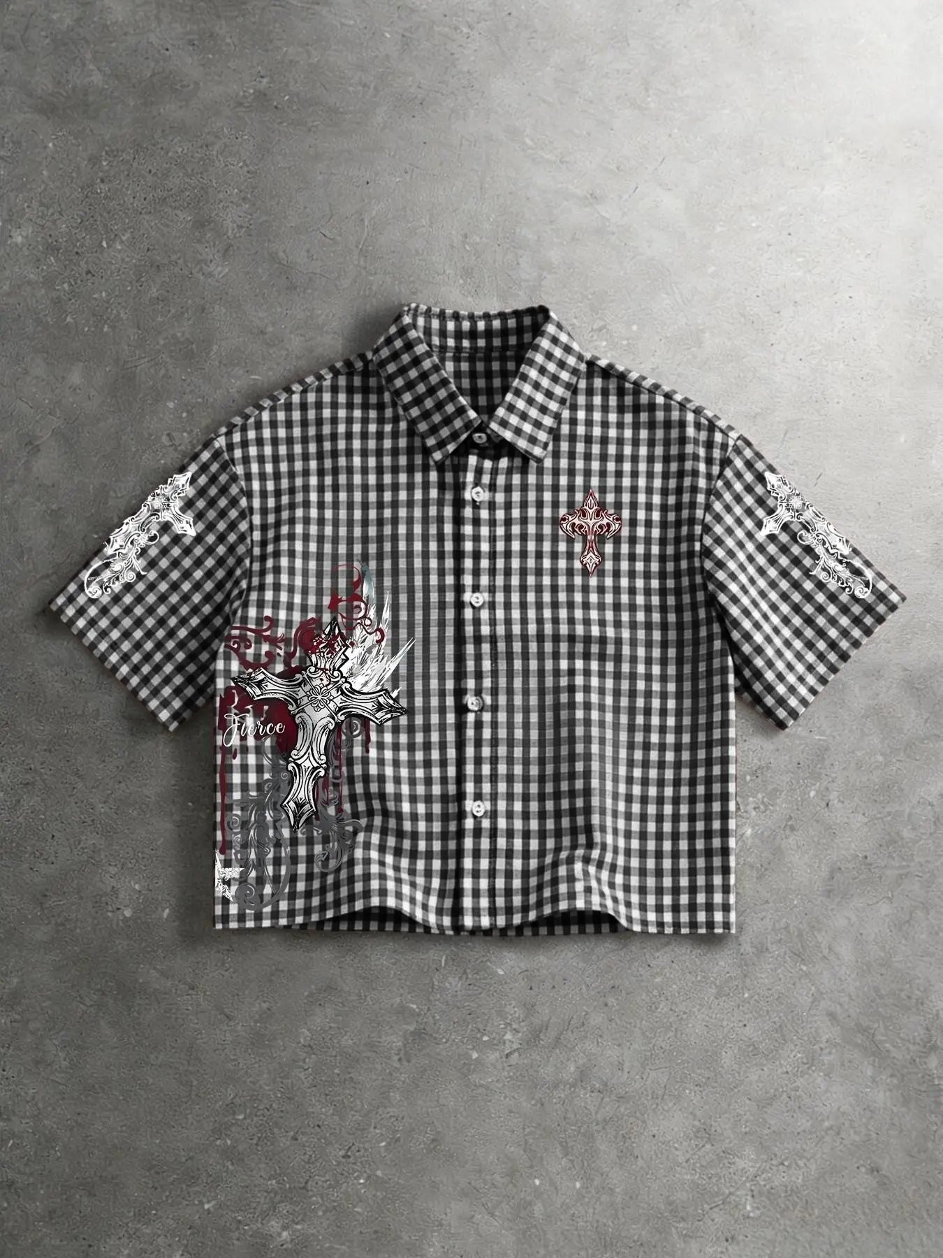 Unisex design, American retro street style, Gothic-inspired cross-stitch print checkered, Checked short-sleeved shirt, Y2K street style short top, perfect for streetwear and Y2K fashion, ideal gift for men and couples