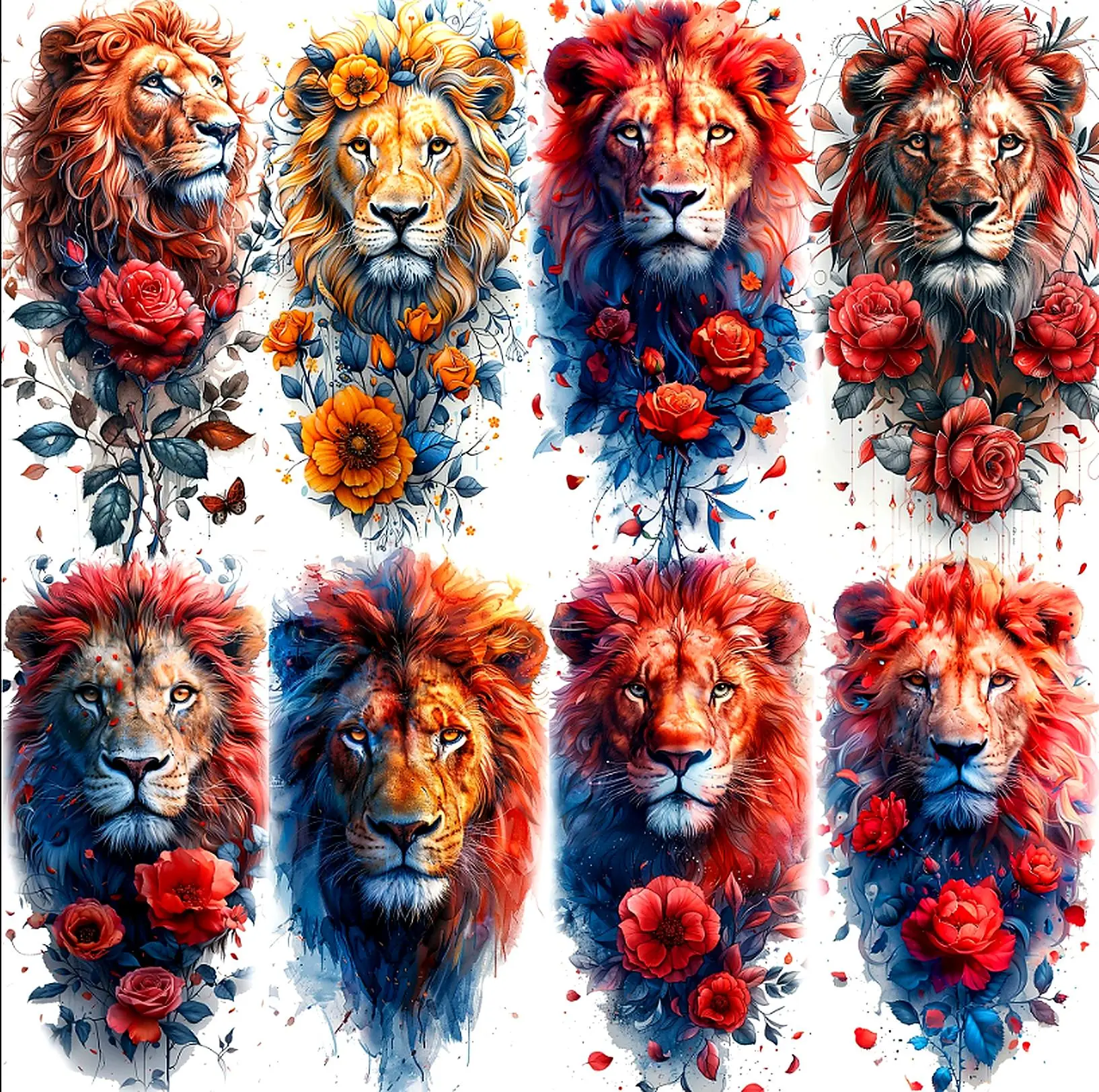 8 PCS Gothic Temporary Tattoos for Adults, Waterproof Fake Tattoos, Realistic Skull Lion Wolf Rose Body Art Stickers, Dark Aesthetic Tattoo Designs