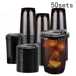 20/50 Sets 16oz Plastic Cups with Lids, Disposable Flat Bottom No Handle, Ideal for Halloween Parties, Weddings, Catering Events, Party Supplies