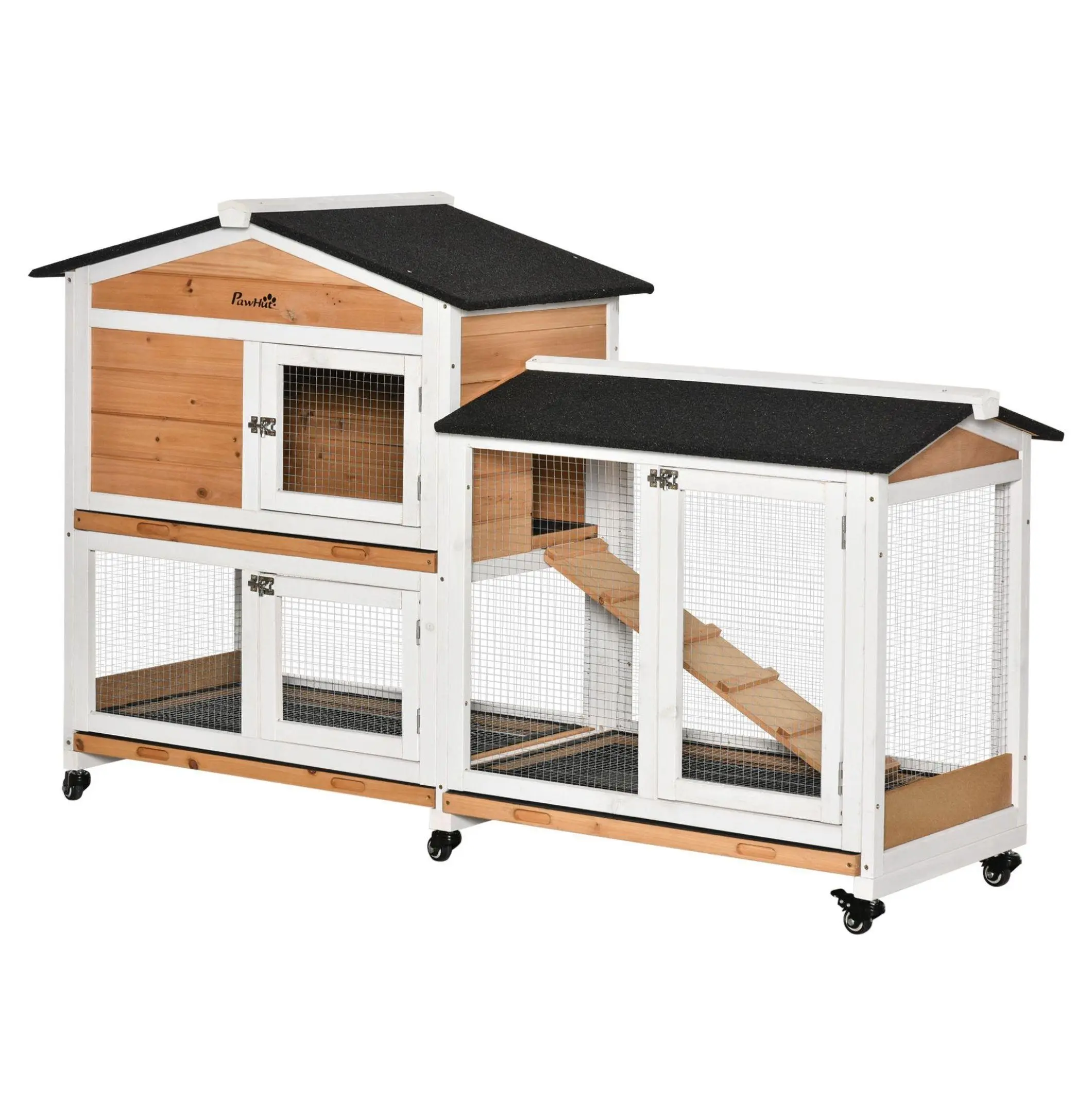 62" Fir Wood Bunny Cage Hutch for Bunnies - Indoor Outdoor Rabbit Enclosure with Wheels, Slide-Out Tray for Easy Cleaning, Yellow, Ventilation Design