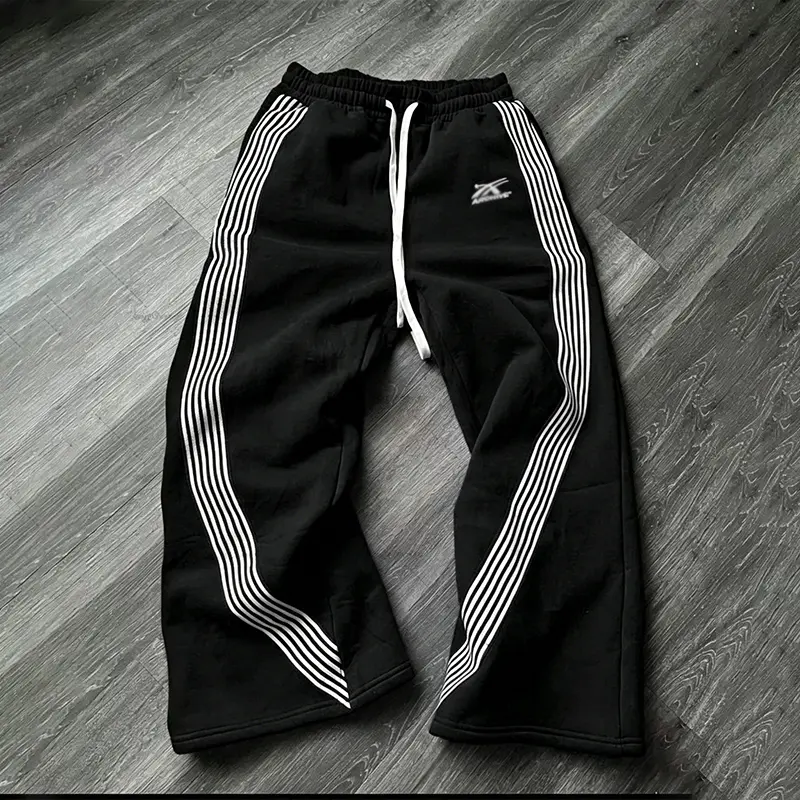 Striped wide leg sports pants, fashionable elastic waistband, curved side stripes, loose drawstring, street casual sweatpants