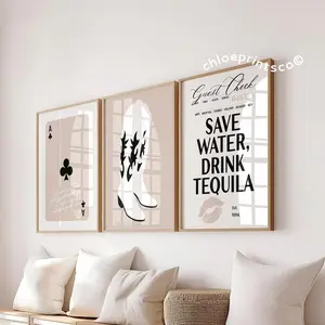 Coastal Cowgirl Western Dorm Room Gallery Wall Art Set of 3, Preppy Save Water Drink Tequila Poster, Trendy Retro Neutral Bar Cart Print