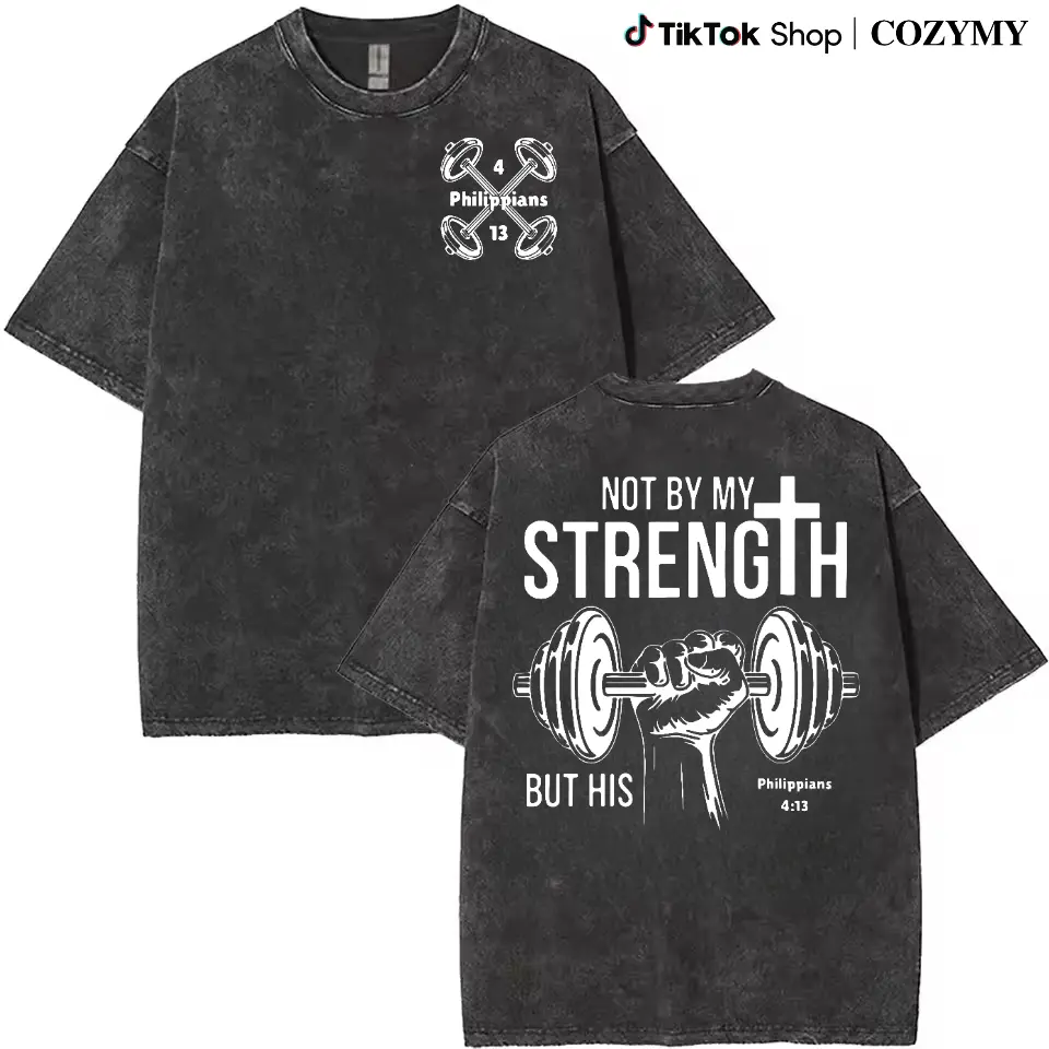 vintage Unisex heavyweight 230g pure cotton T-shirt - 'Not by my strength, but by His' double-sided printed cross and dumbbell pattern,