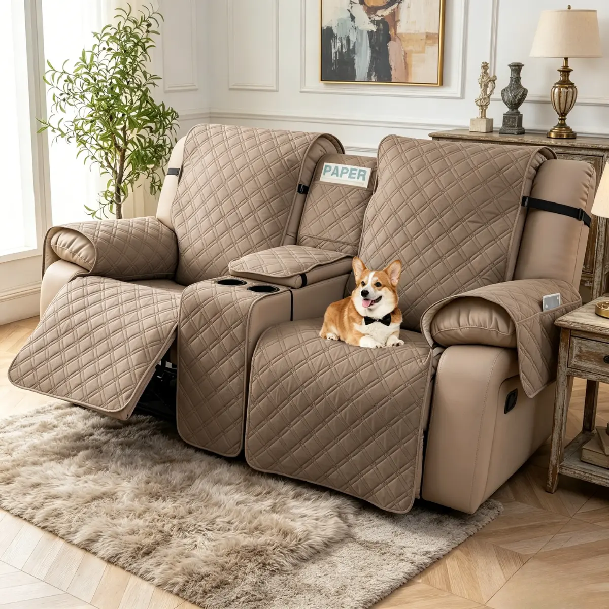 Non-Slip Loveseat Recliner Sofa Covers with Center Console, Waterproof Sofa Slipcovers, Split Couch Cover for Sofa, Pet-Friendly Furniture Protectors for Living Room Use elastic strap