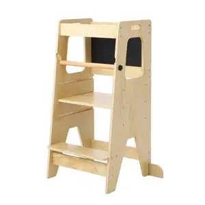 Adjustable Kids Kitchen Step Stool Set – Toddler Standing Tower with 3 Height Levels – Wooden Frame, Safety Guardrail, Versatile Use in Kitchen, Bathroom & Playroom