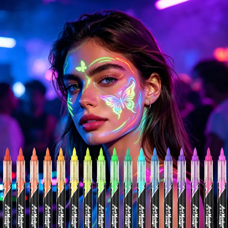 Glow in The Dark Body Paint Markers, 18 Colors Neon Face Paint Pens, UV Reactive Temporary Face Paint Kit with 6 Stencils for Halloween & Festival Looks, Body Art, Body Makeup