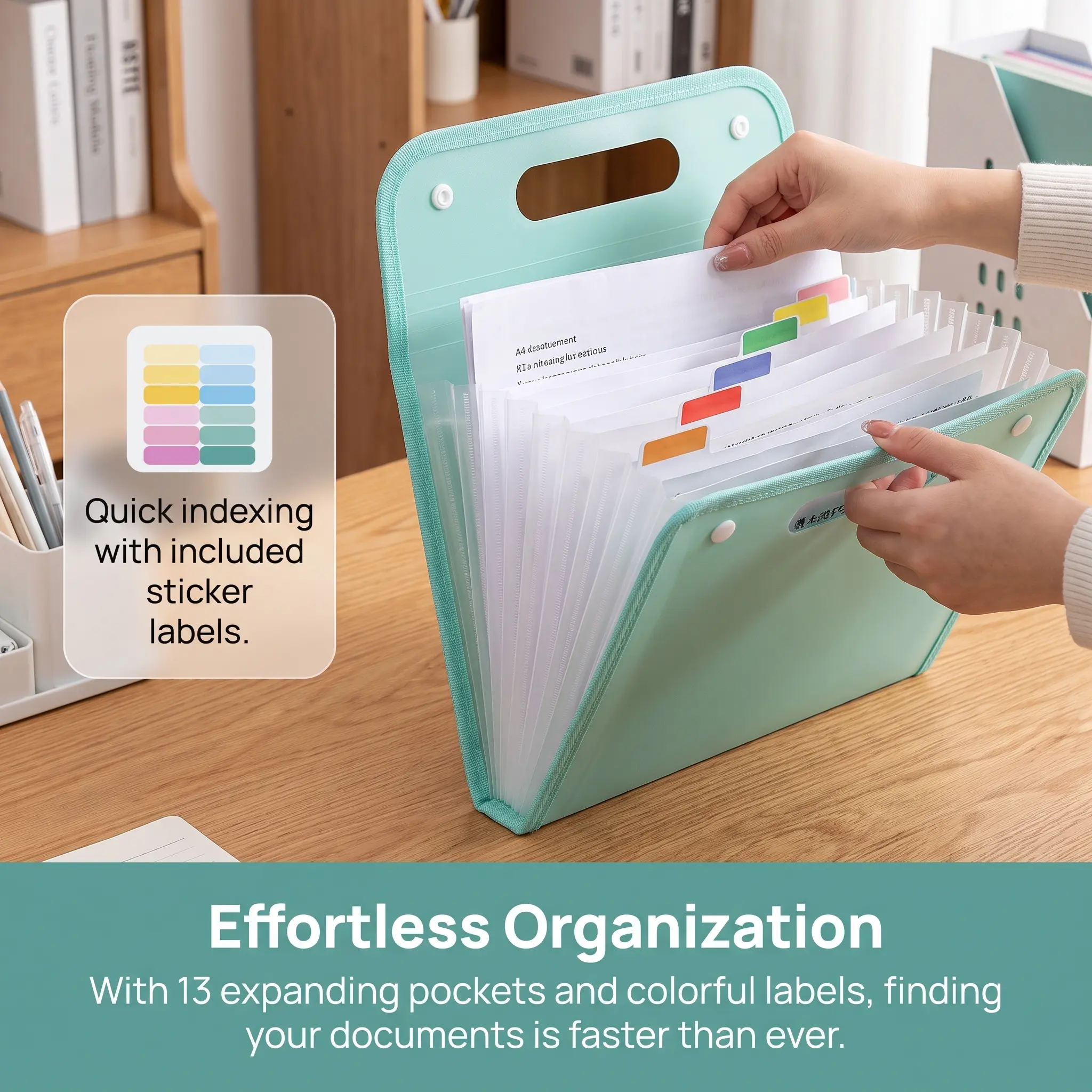 13-Pocket Expanding File Folder with Handle, Portable Accordion Document Organizer for A4 Paper Size, Expanding Pockets, Removable Colorful Index Labels, Mint Green for Office Document Storage