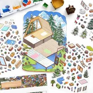 2 styles, 1 style with 8 large 2.5D scenic stickers, tree house design theme, vintage style, PET waterproof material, self adhesive DIY notebook decoration scrapbook sticker pack