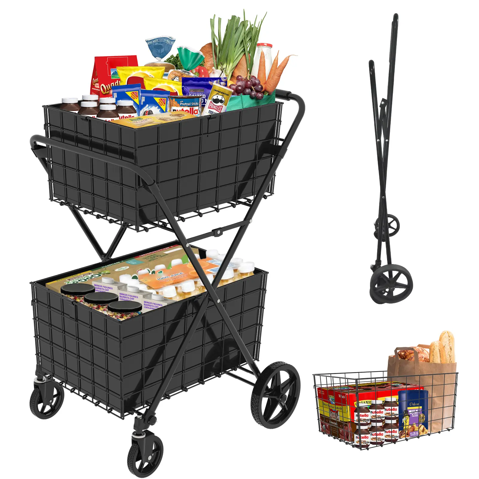 Extra-Large Shopping Cart—A two-tier, wheeled utility cart featuring a foldable, multi-functional design, dual baskets, and 360-degree swivel wheels; ideal for grocery shopping or transporting laundry.