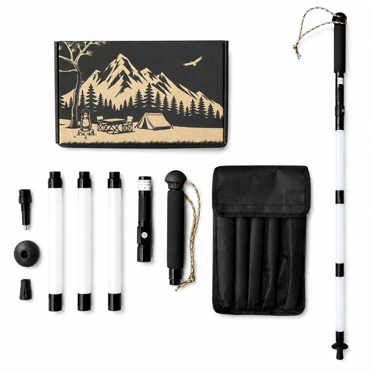 Rechargeable LED Walking Stick - Adjustable Length Hiking Pole with Compact Carry Bag, Outdoor Camping Light Staff for Night Hiking and Campsite Visibility