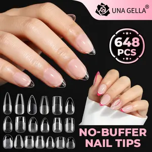 UNA GELLA 648PCS Soft Gel Full Cover Nail Tips 12 Sizes, Pre-Etched Pre-Build Fake Acrylic Nails Short & Long Almond, Square, Coffin, Stiletto Round, Fit Flat & C-Curve Nail Beds, Soak Off DIY Salon TikTok Manicure Nail Extensions
