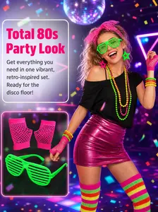 80s Retro Party Set, Neon Color Accessories, Party Photo Prop, Includes Headband, Goggles, Gloves, Necklace, Leg Warmers, Perfect for Theme Parties