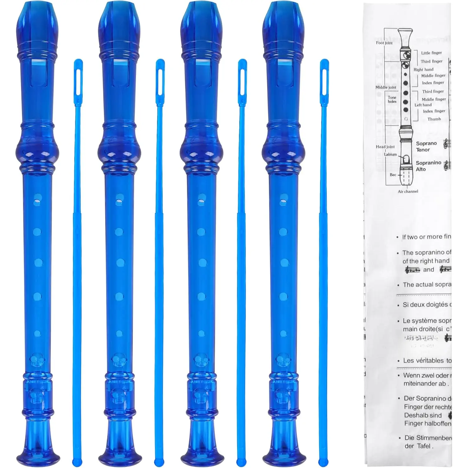 4 Pack Recorder Instrument for , 8 Hole Plastic Soprano Recorders for Beginner, Recorder With Cleaning Rod, Instruction and Storage Bag,  Style (Clear Blue)