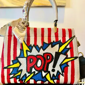 POP Hand Painted Bag with Bold Red Stripes and Vibrant Pop Art Design for Stylish Everyday Use