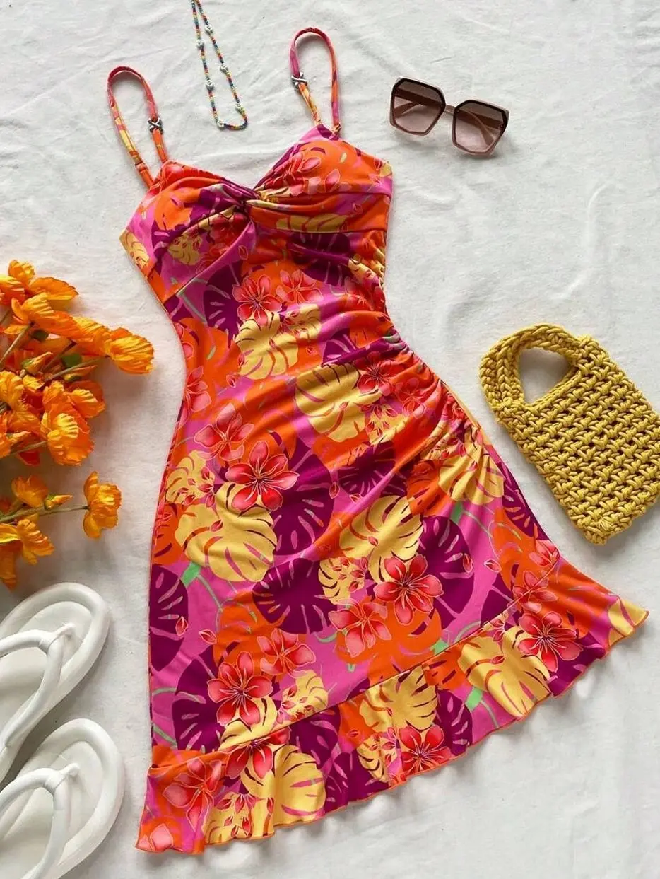 Women's Floral Twist Camisole Mini Dress | Casual Summer Beach Dress | TikTok Vacation Style