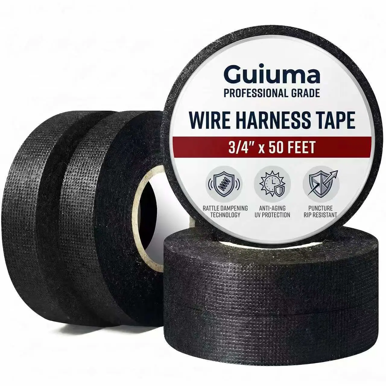 Pressure-Sensitive Adhesive Cloth Wire Harness Tape - 5-Roll Heavy-Duty, High Temperature Resistant, Waterproof OEM Automotive Repair Insulating Wiring Wrap, 3/4" x 50ft (250ft Total) for Engine Wiring, Adhesive Cloth Tape