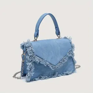 Ladies Retro Mini Square Bag - Sky Blue Handcrafted Bag with Chain Shoulder Strap & Magnetic Buckle Design for Daily & Formal Use